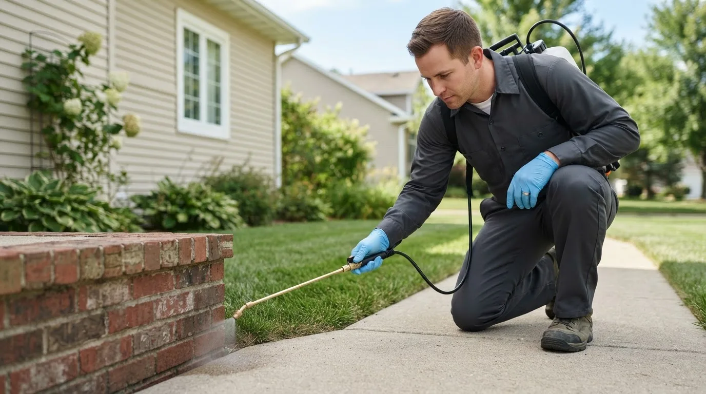 Pest control technician treating a home near Eagle, AK